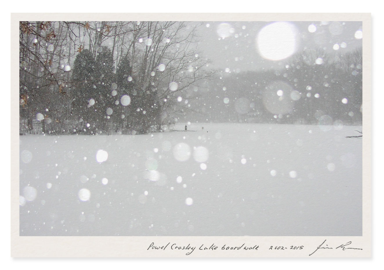 Polaroid of a snowy landscape at Powel Crosley Lake..