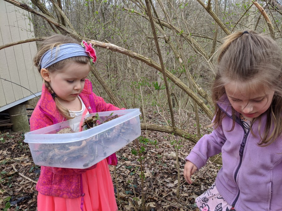 2 young girls collecting items to make nest