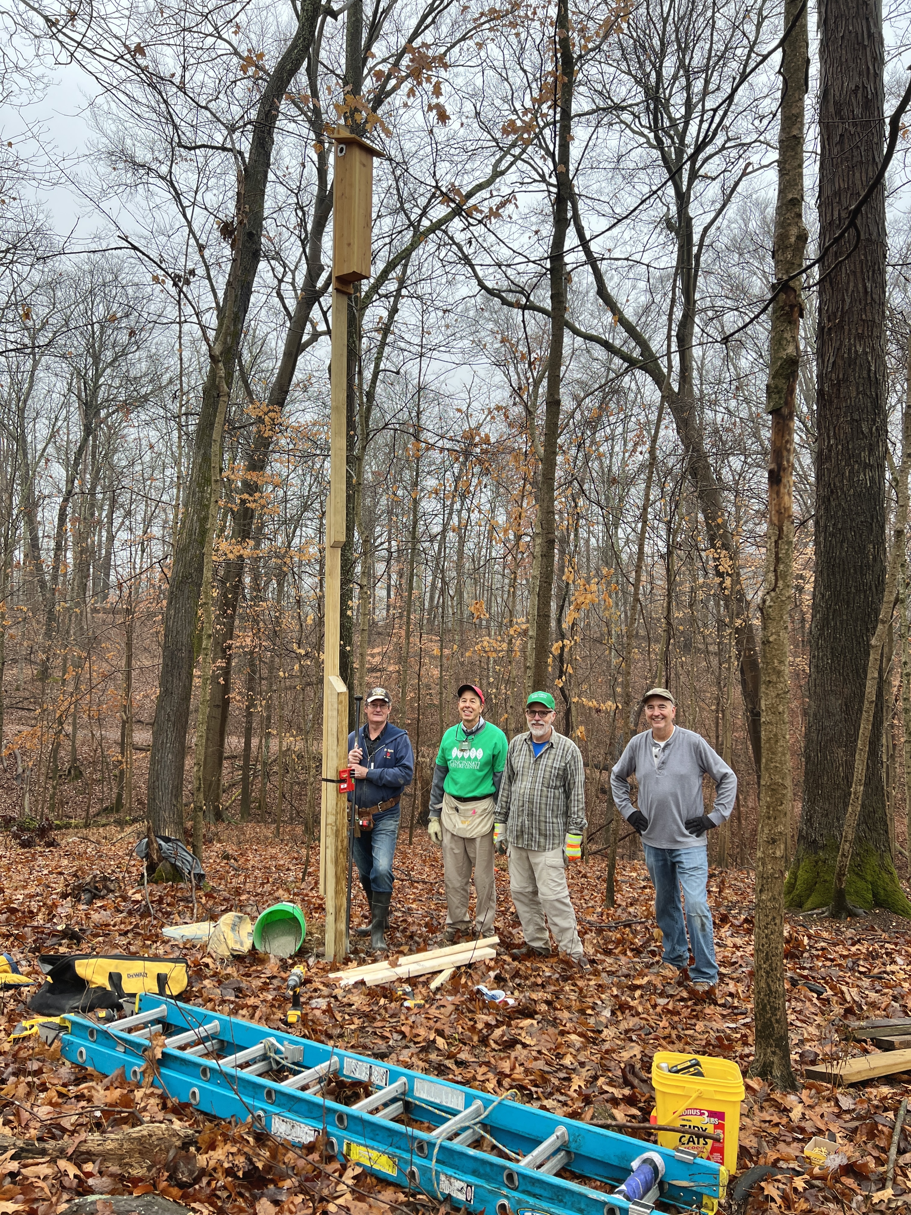 volunteers constructing flying squirrel boxes at Rowe Woods.