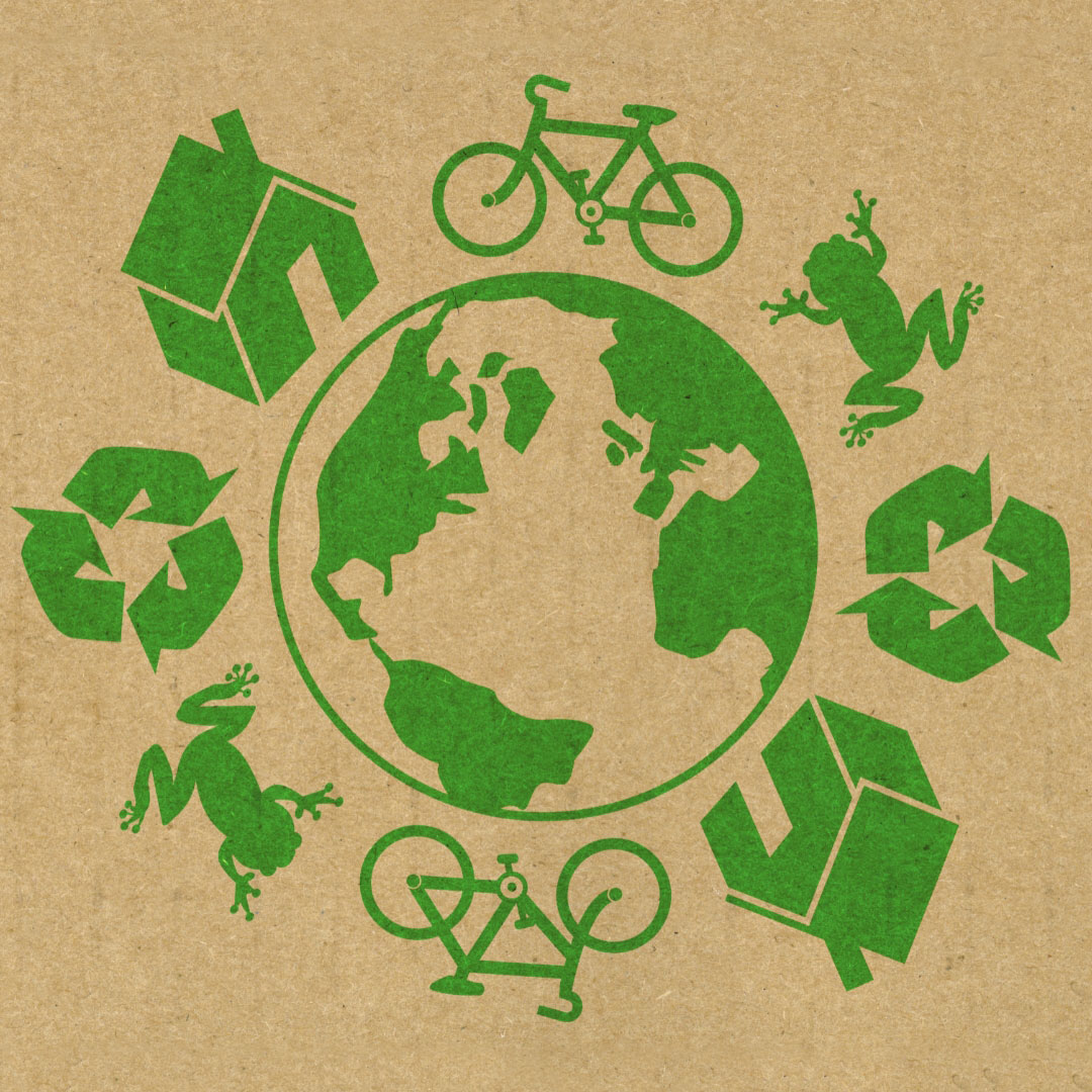 Green eco-friendly graphics on a cardboard background, surrounding earth.