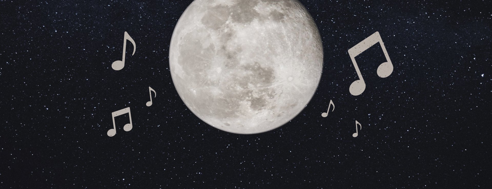 Full moon surrounded by musical notes in a starry night sky.