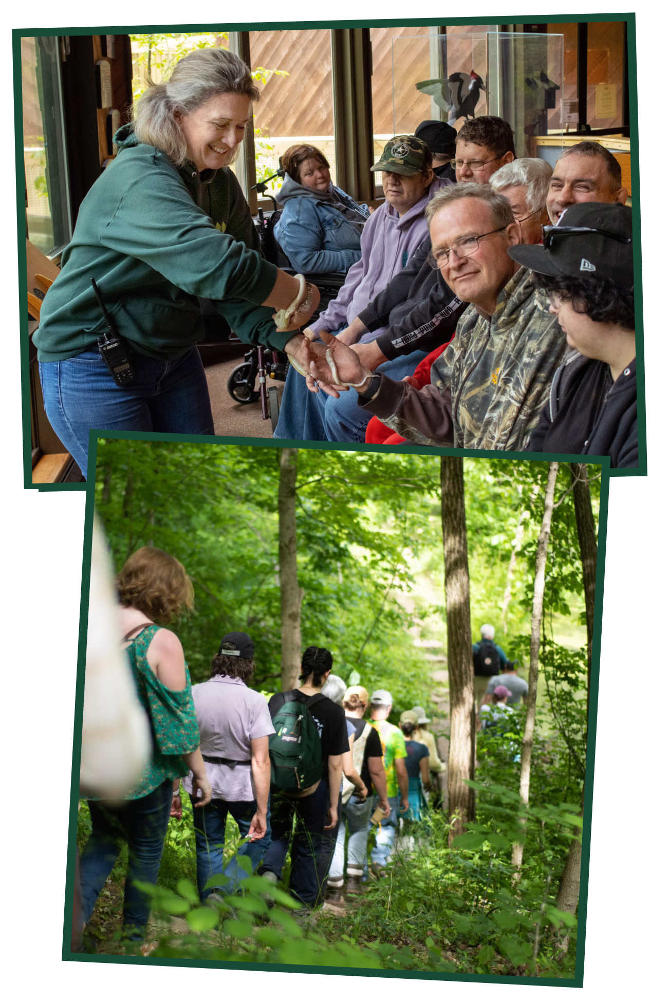 Anne Robinson holding a snake for a group of visitors and a photo of a group of hikers.