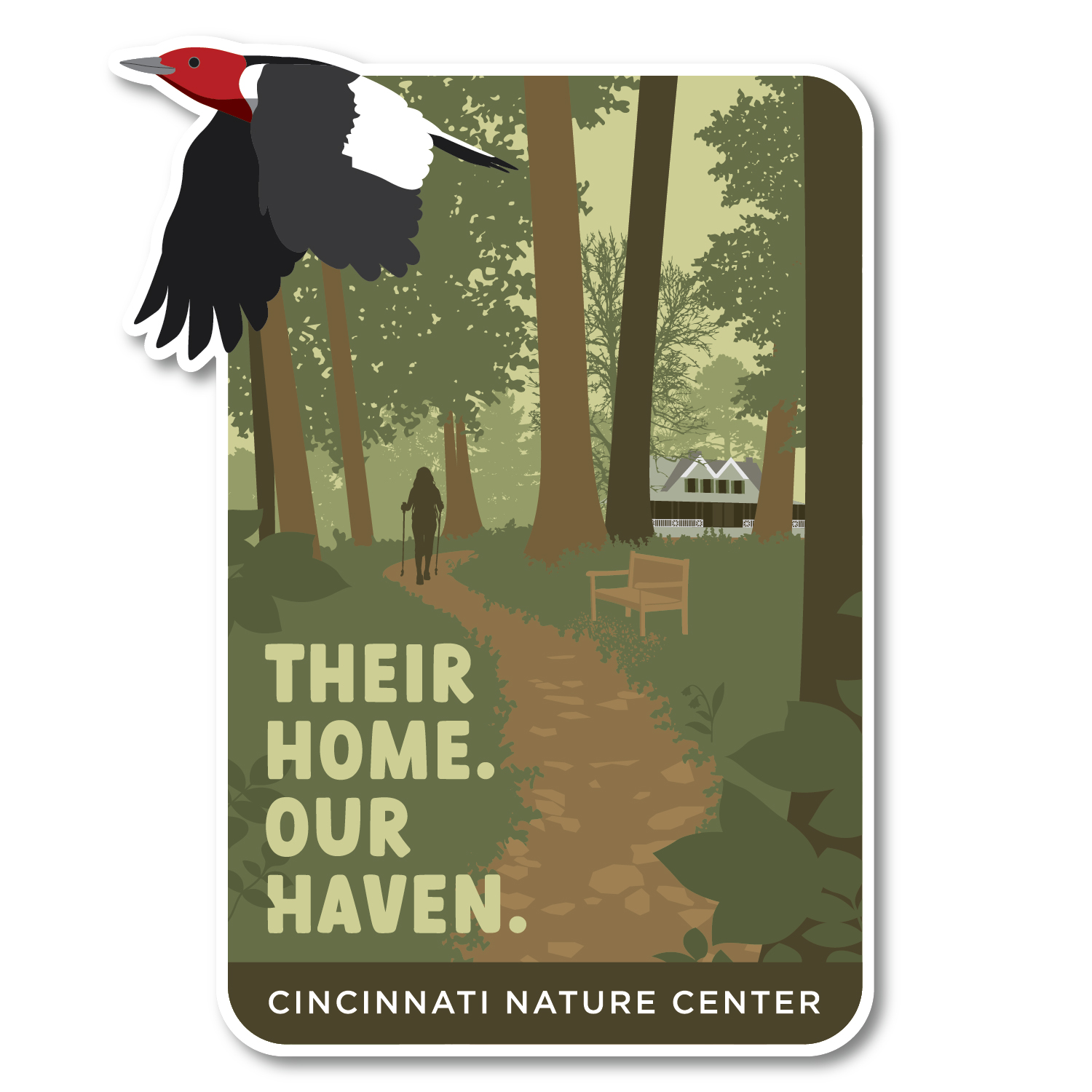Their Home. Our Haven. Cincinnati Nature Center sticker design includes a person's silhouette hiking Upland Trail with tall trees and Krippendorf Lodge in the background and a red-headed woodpecker in the foreground