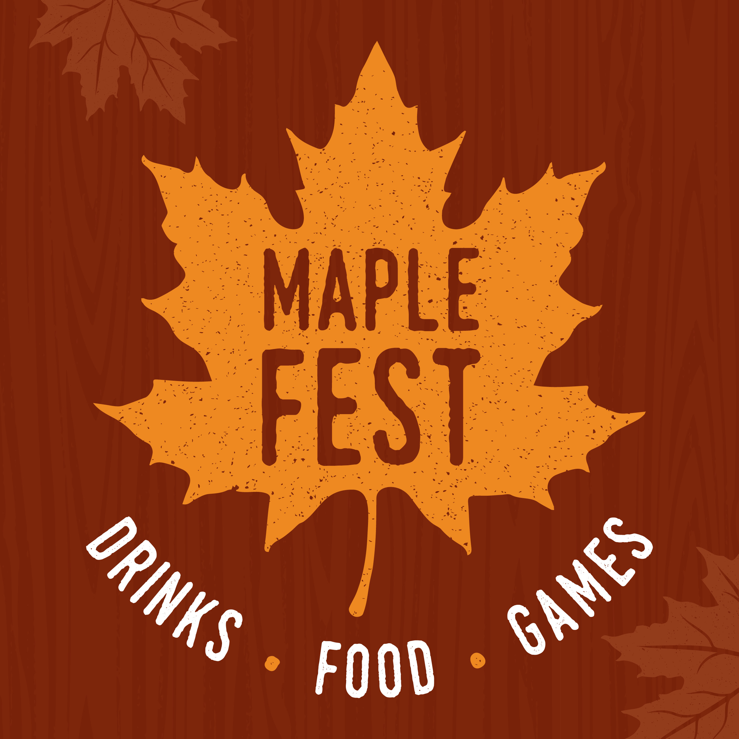 Maple Fest text on an orange maple leaf graphic.