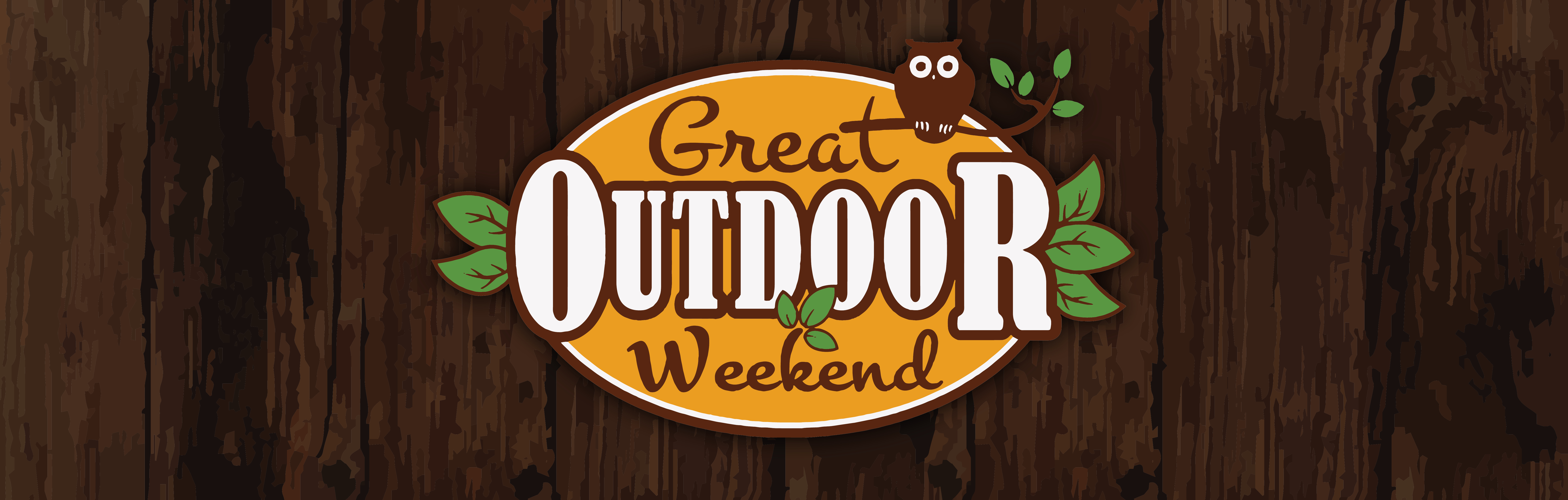 Graphic of a dark wood background with Great Outdoor Weekend logo on top