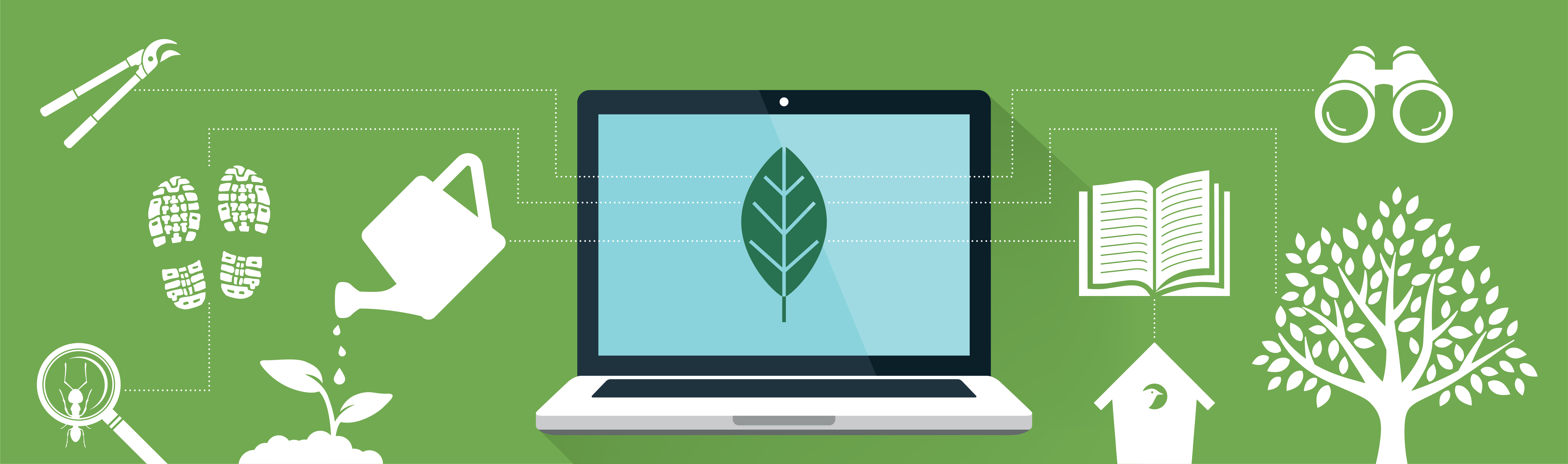 Learn Online - graphic of laptop on green background with Nature Center leaf icon on the screen. Icons of topics to learn are floating around the laptop on green background.
