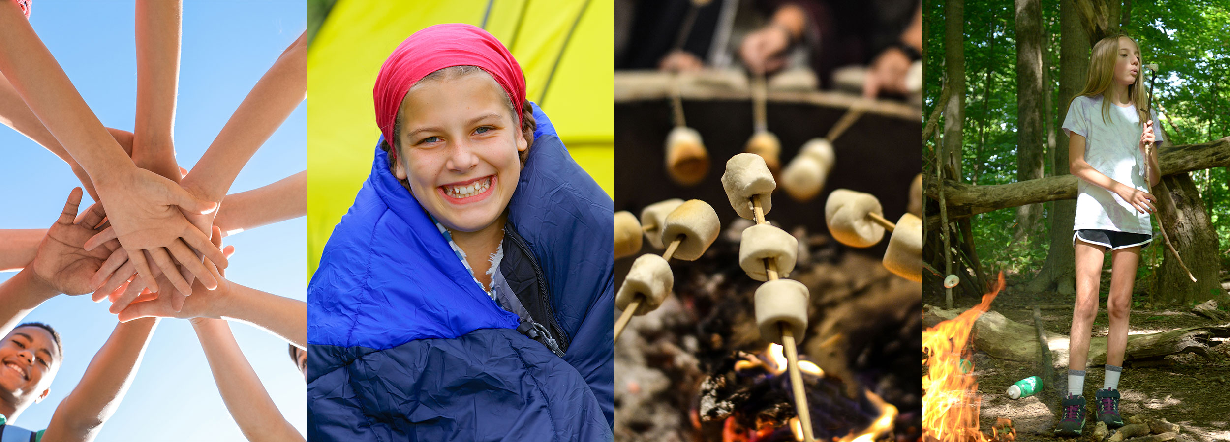 Montage of images: hands stacked, girl in sleeping bag, smores over an open fire, and girl holding stick with marshmallow over fire.