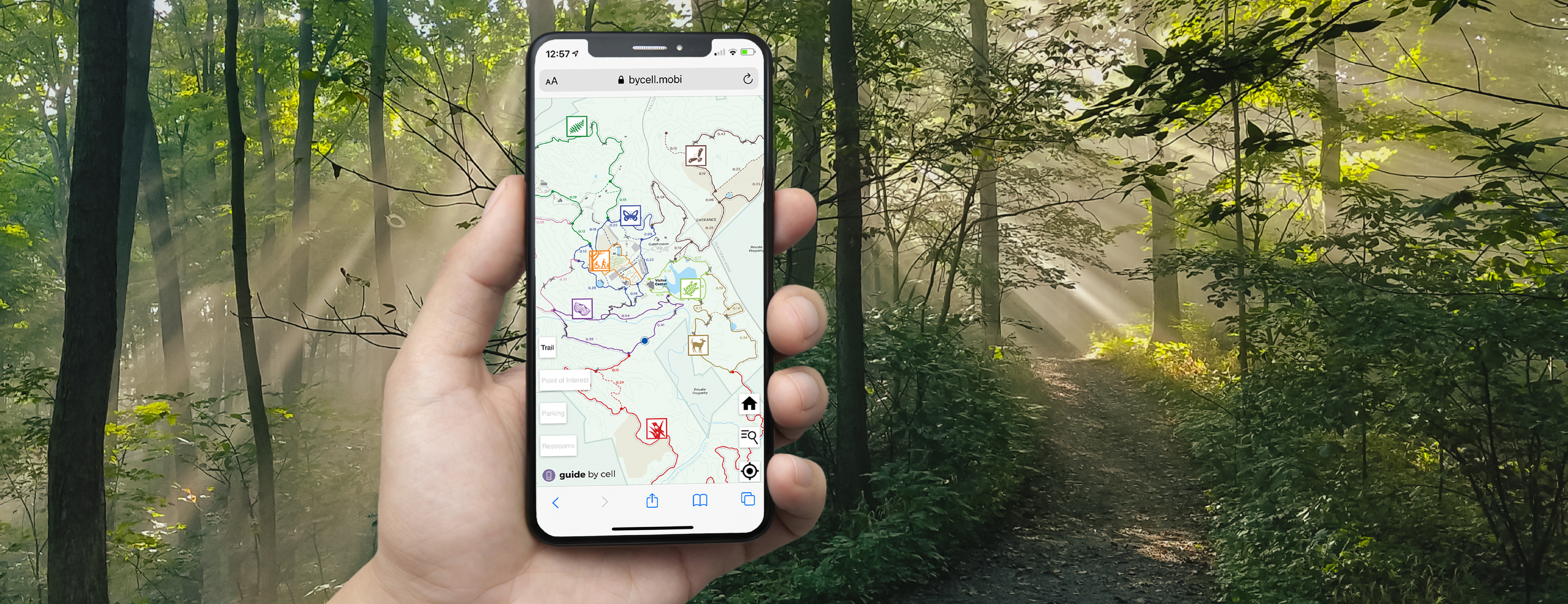 Image of a white hand holding a mobile phone with an image of a trail map on it. 