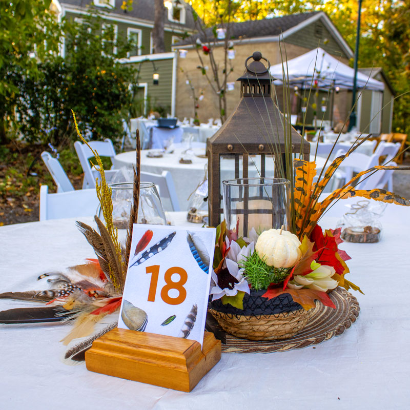 Feather-themed center piece on a table covered in a white table cloth.